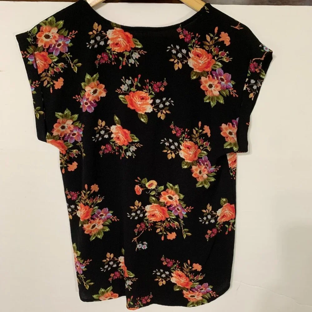 Torina Black Floral Flowy‎ V-Neck Zip Accent Size Large Business Casual - Picture 7 of 13